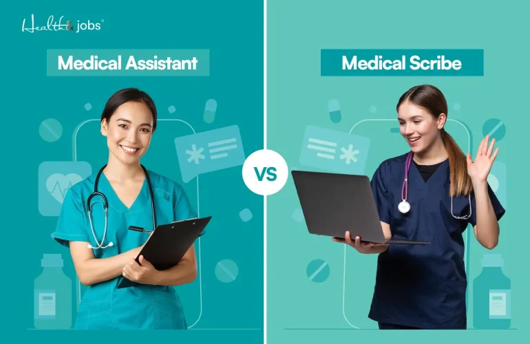 comparison image showing medical assistant vs medical scribe