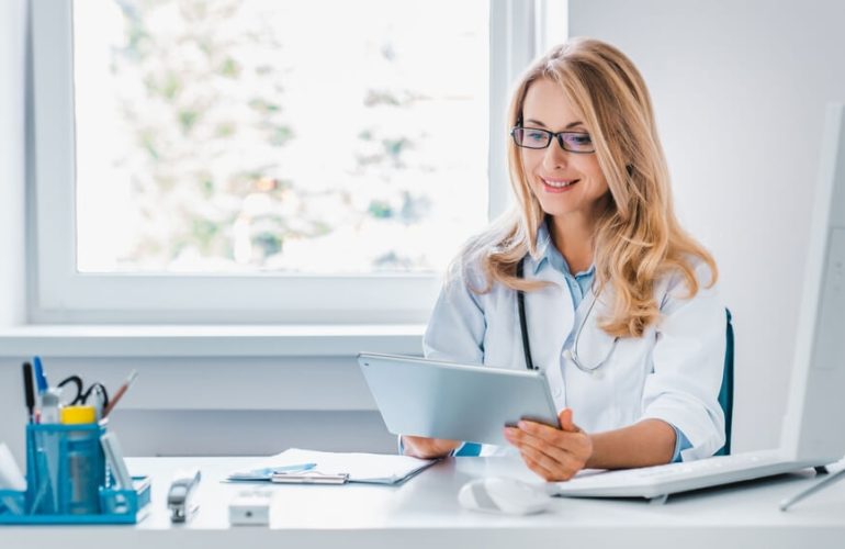 virtual Family nurse practitioner consulting with a patient in a modern healthcare setting