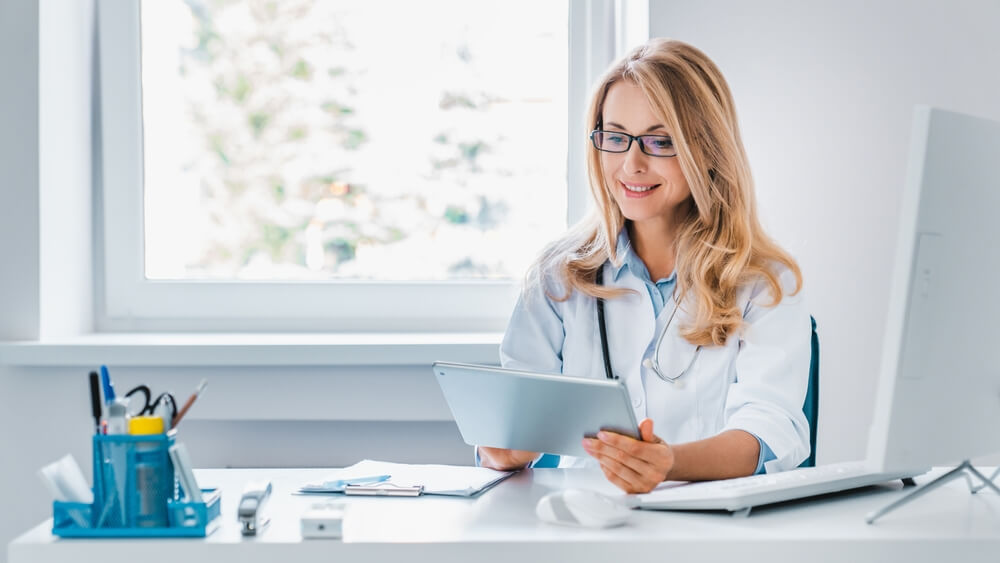 virtual Family nurse practitioner consulting with a patient in a modern healthcare setting